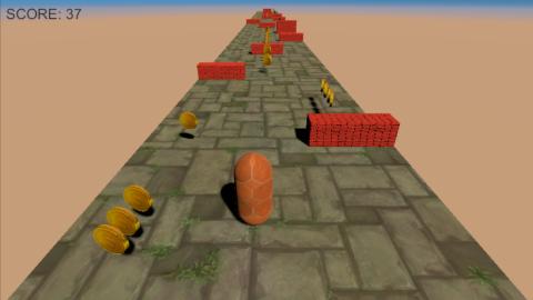 Infinite runner gameplay showing the player character on a brick path with obstacles and coins